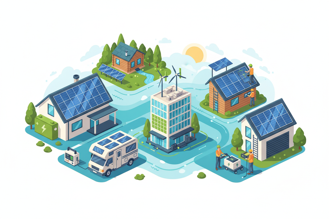 Nos solutions énergie répondent aux besoins :des particuliers (secours domestique, autoconsommation, autonomie)des installateurs photovoltaïquesdes entreprises et PMEdes professionnels du BTPdes vanlifers, camping-cars et usages extérieursdes sites isolés / off-grid

generer image sans texte